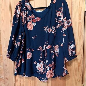 Maurices Navy Floral Tie-Front Peasant Blouse